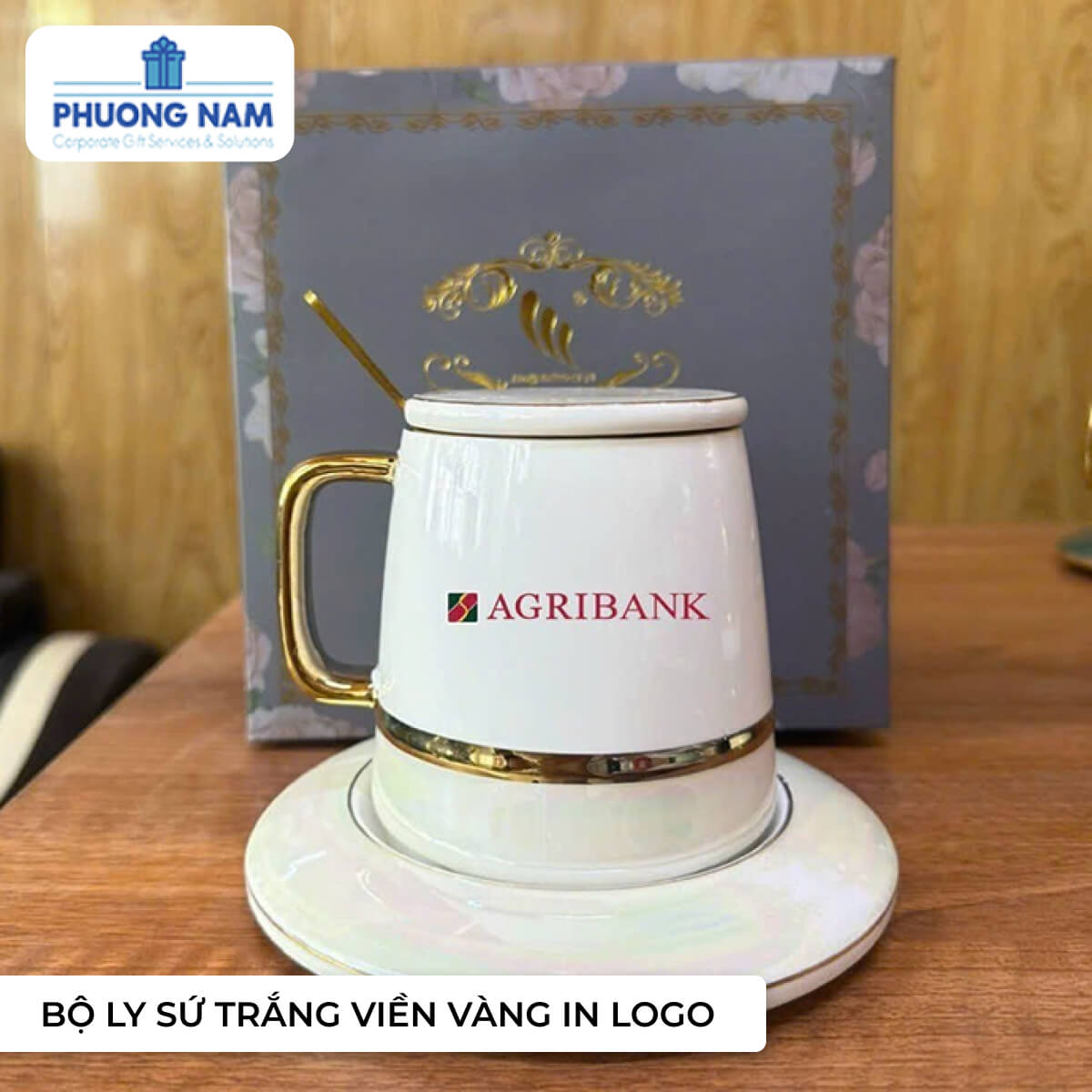 Bộ ly sứ trắng viền vàng in logo